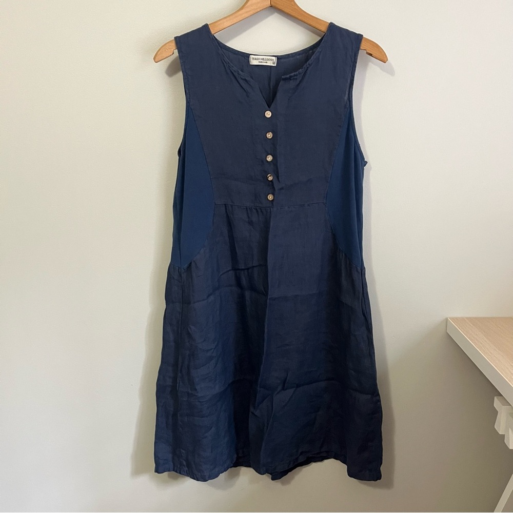 Terzo Millennio Blue Sleeveless Linen Dress, Size Medium, Button accents